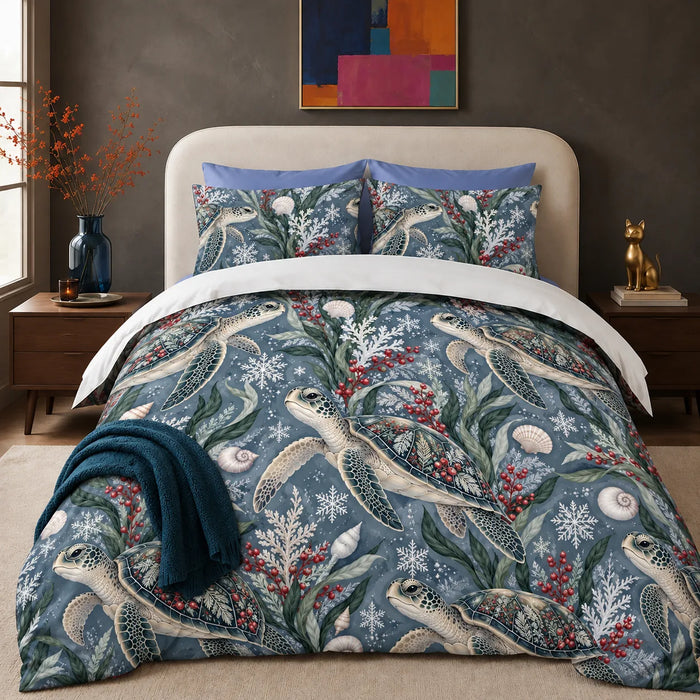 Winter Garden Sea Turtle comforter set — ivory sea turtles with red berry sprigs, white coral, shells and snowflakes on slate blue
