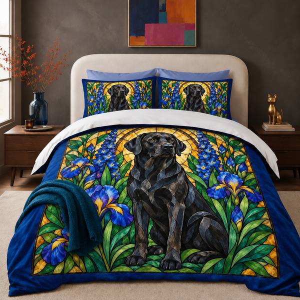 Stained Glass Black Labrador comforter set with two matching shams on a made bed