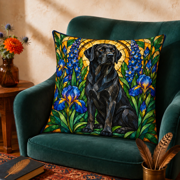 Stained Glass Black Labrador cushion cover on a green velvet armchair