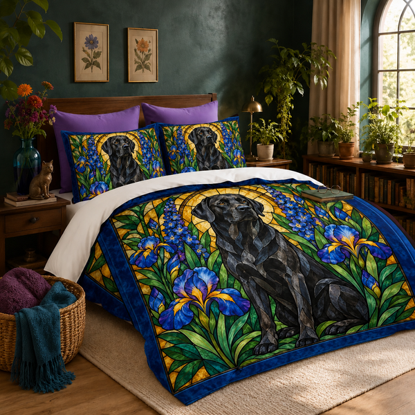 Stained Glass Black Labrador duvet cover set with two matching shams on a made bed