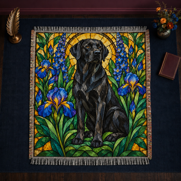 Stained Glass Black Labrador woven throw blanket with knotted fringe, laid flat