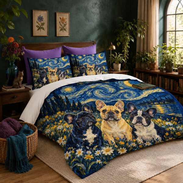 Starry Night French Bulldogs duvet cover set — three French Bulldogs in a daisy field under a swirling starry night sky