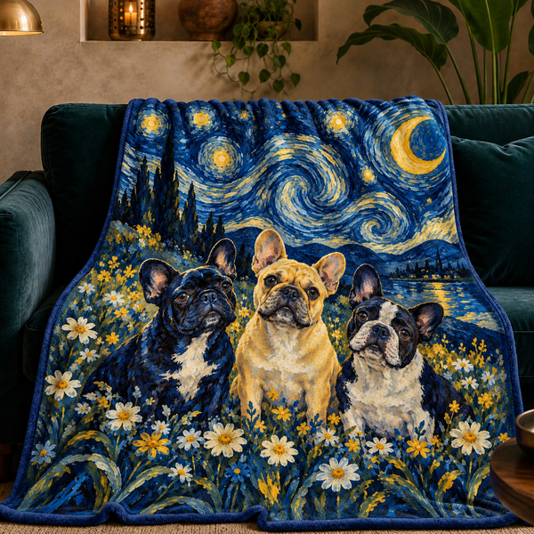 Starry Night French Bulldogs fleece throw blanket — three French Bulldogs in a daisy field under a swirling starry night sky
