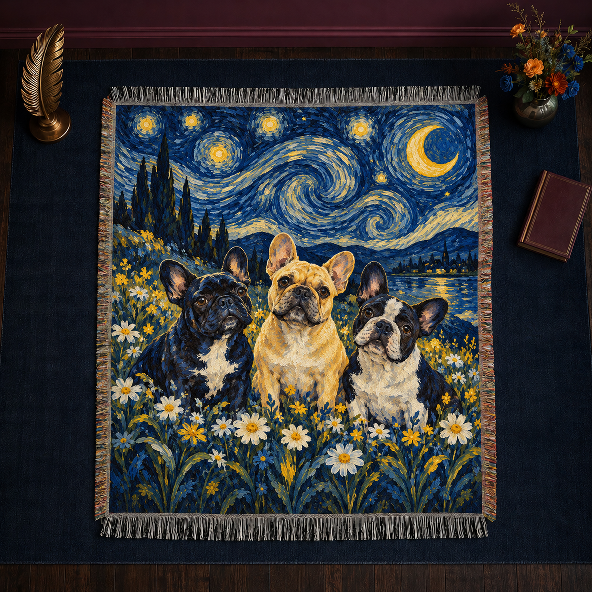 Starry Night French Bulldogs woven throw blanket — three French Bulldogs in a daisy field under a swirling starry night sky