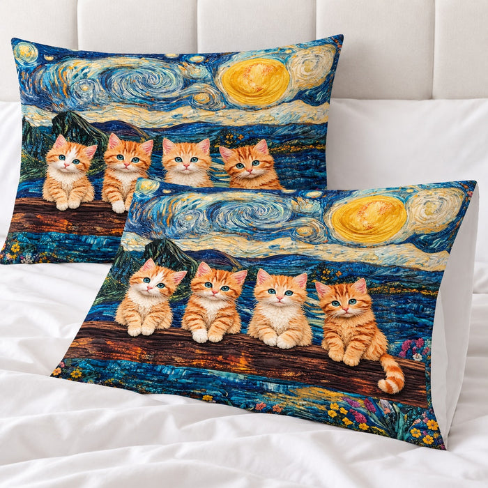 Starry Night Ginger Kittens pillowcases – set of two printed pillowcases on a white bed