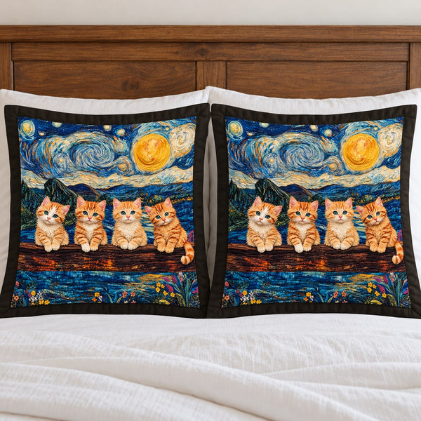 Starry Night Ginger Kittens pillow shams – two flanged shams standing against a wooden headboard