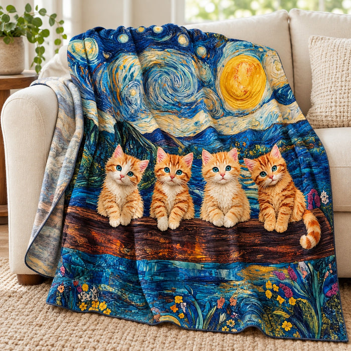 Starry Night Ginger Kittens fleece throw blanket – lightweight printed fleece draped over a cream sofa