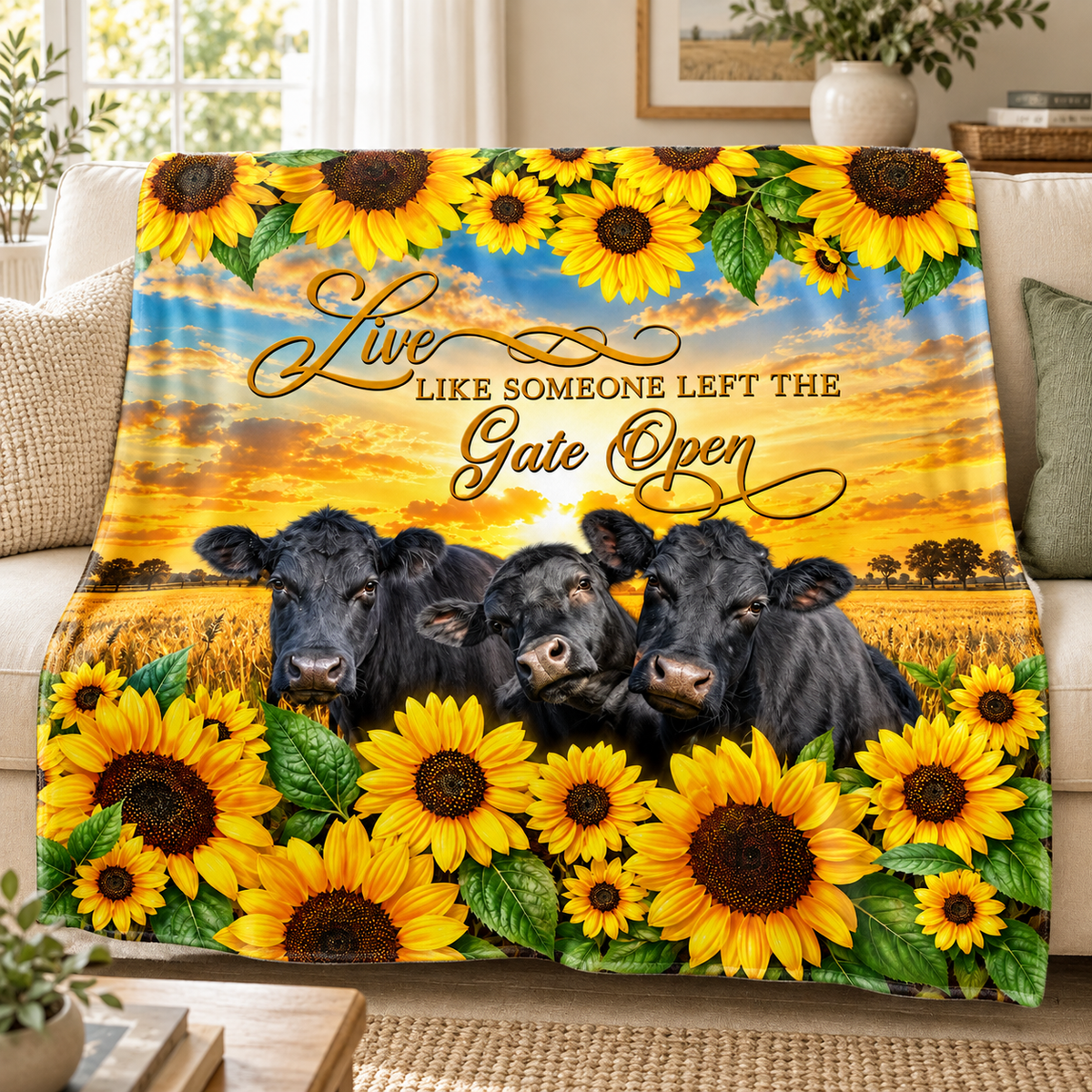 Sunflower and black cow flannel blanket draped over a sofa