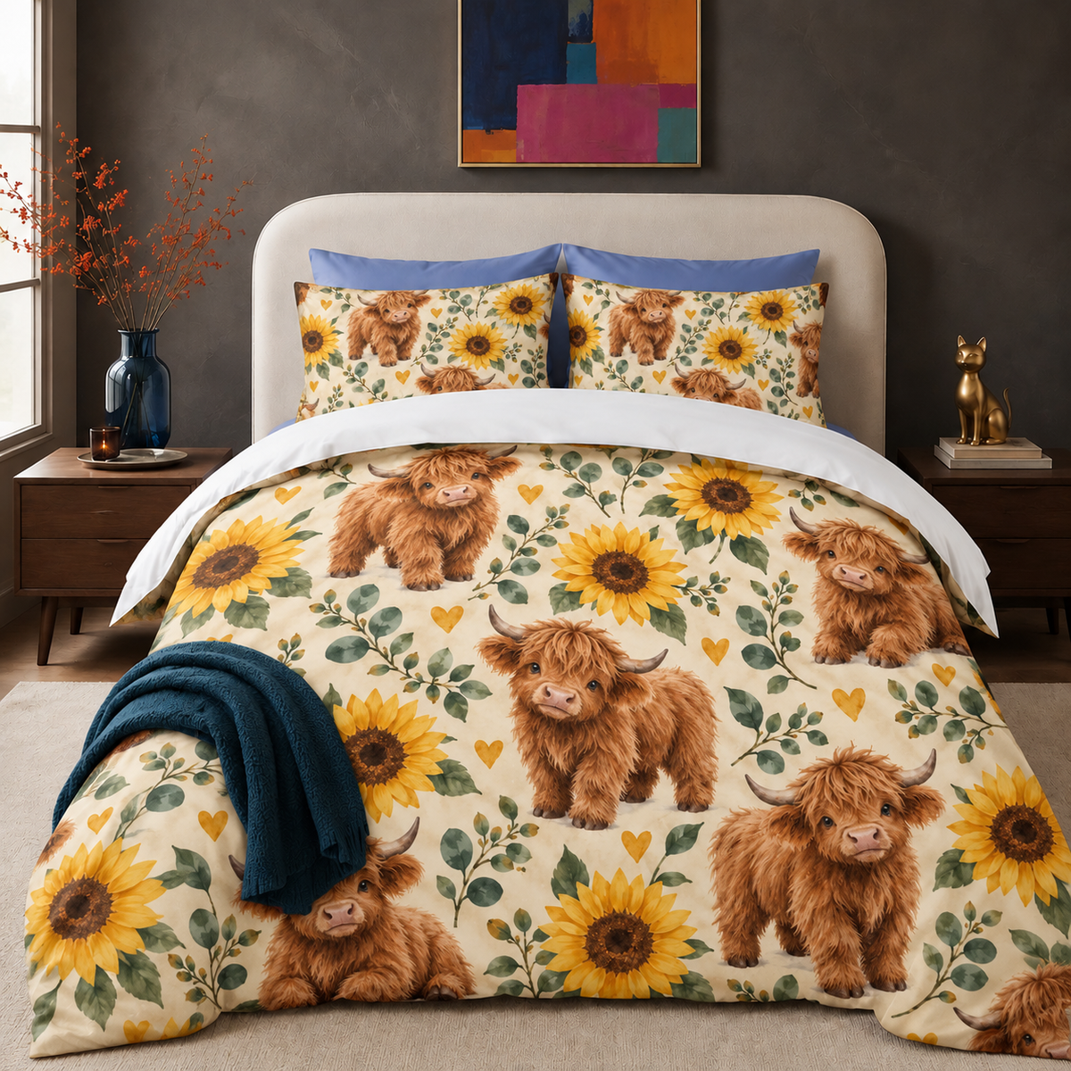 Sunflower Highland Cow comforter set on a made bed with two matching shams, plush and flat with no stitch lines