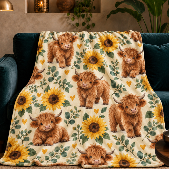 Sunflower Highland Cow fleece throw blanket spread over a sofa, single layer with a hemmed edge