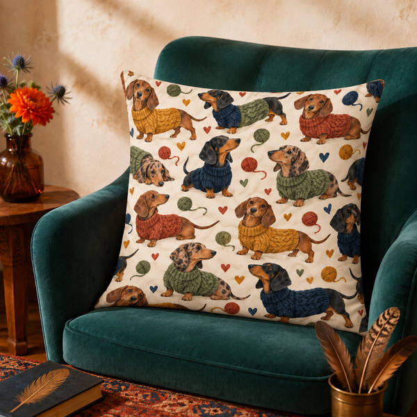 Sweater Dachshund Toss cushion cover set — square cream cushion cover printed with dachshunds in chunky knit sweaters, yarn balls and hearts