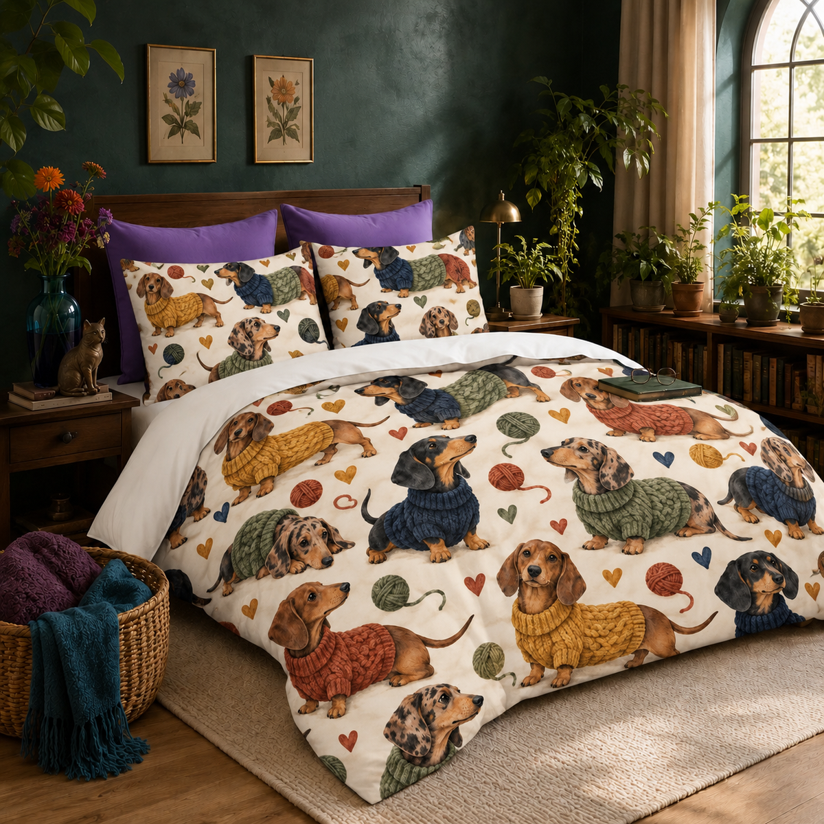 Sweater Dachshund Toss duvet cover set — cream duvet cover set printed with dachshunds in chunky knit sweaters, yarn balls and hearts