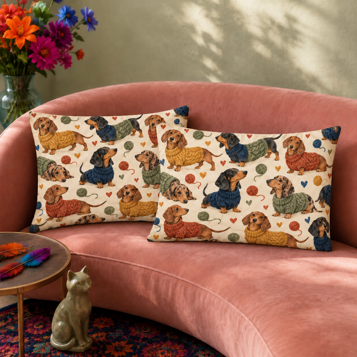 Sweater Dachshund Toss pillowcase set — pair of cream pillowcases printed with dachshunds in chunky knit sweaters, yarn balls and hearts