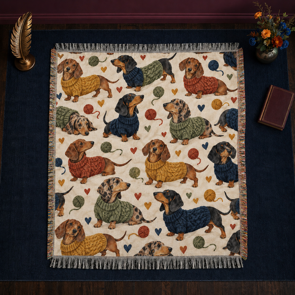 Sweater Dachshund Toss woven throw blanket — jacquard-woven cream throw blanket with knotted fringe, dachshunds in chunky knit sweaters worked into the weave