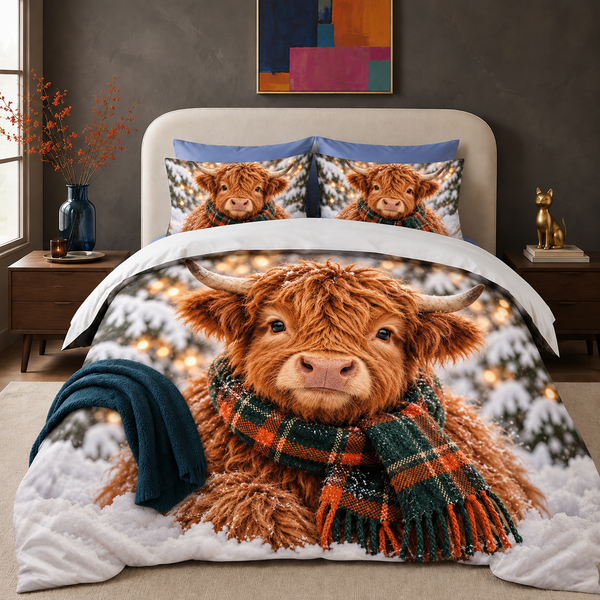 Tartan Scarf Highland Cow comforter set with two matching shams on a made bed