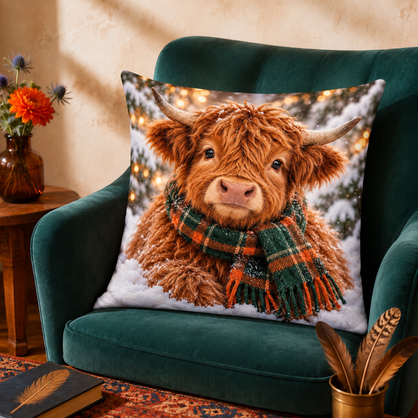 Tartan Scarf Highland Cow cushion cover on a green velvet armchair