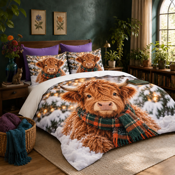 Tartan Scarf Highland Cow duvet cover set with two matching shams on a made bed