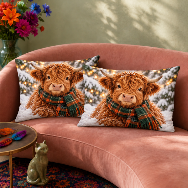 Tartan Scarf Highland Cow pillowcase set, two matching pillowcases on a sofa