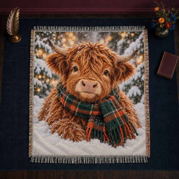 Tartan Scarf Highland Cow woven throw blanket with knotted fringe on all four sides