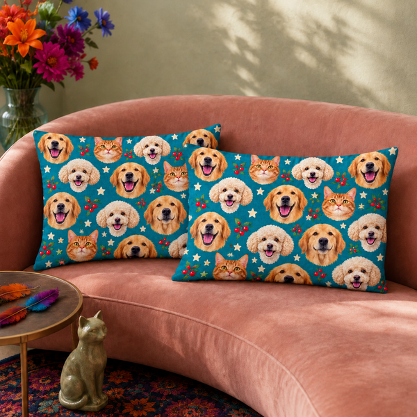Teal Pet Face Repeat pillowcase set — two printed pillowcases on a sofa. One face, printed over and over on deep teal.