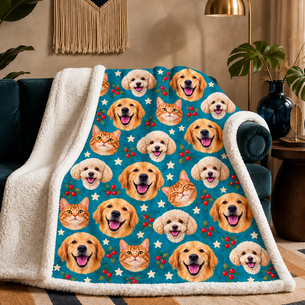 Teal Pet Face Repeat sherpa blanket draped over a sofa, plush cream sherpa reverse showing. One face, printed over and over on deep teal.