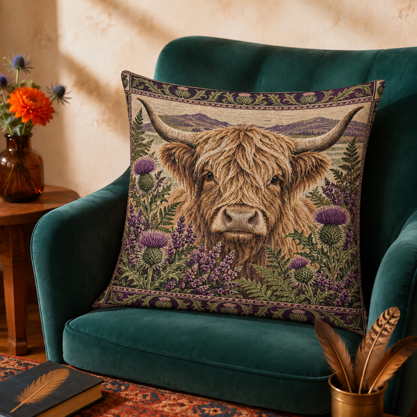 Thistle Highland Cow cushion cover on a green velvet armchair