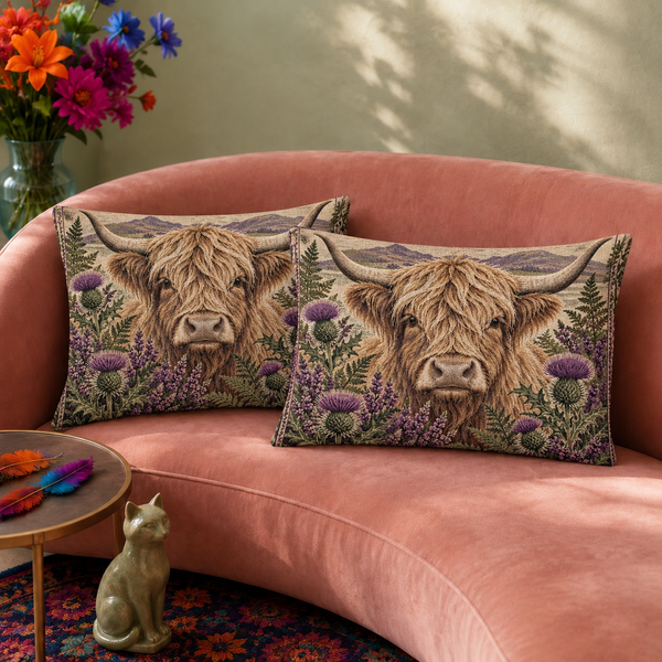 Thistle Highland Cow pillowcase set, two matching pillowcases resting on a sofa