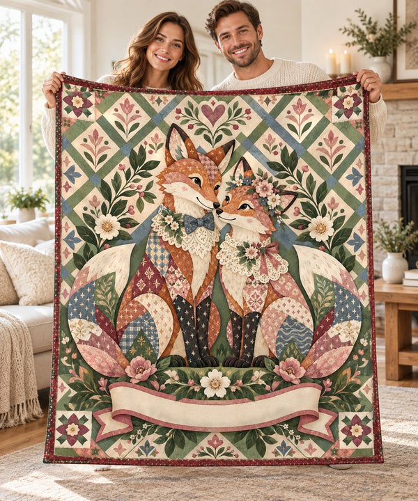 Couple holding open the Vintage Lace Fox personalised couple name sherpa blanket
