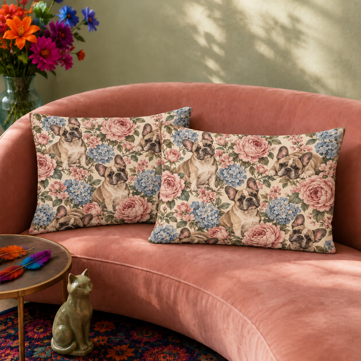 Two Vintage Rose French Bulldog pillowcases resting on a pink sofa, blush roses and powder-blue hydrangeas on ivory