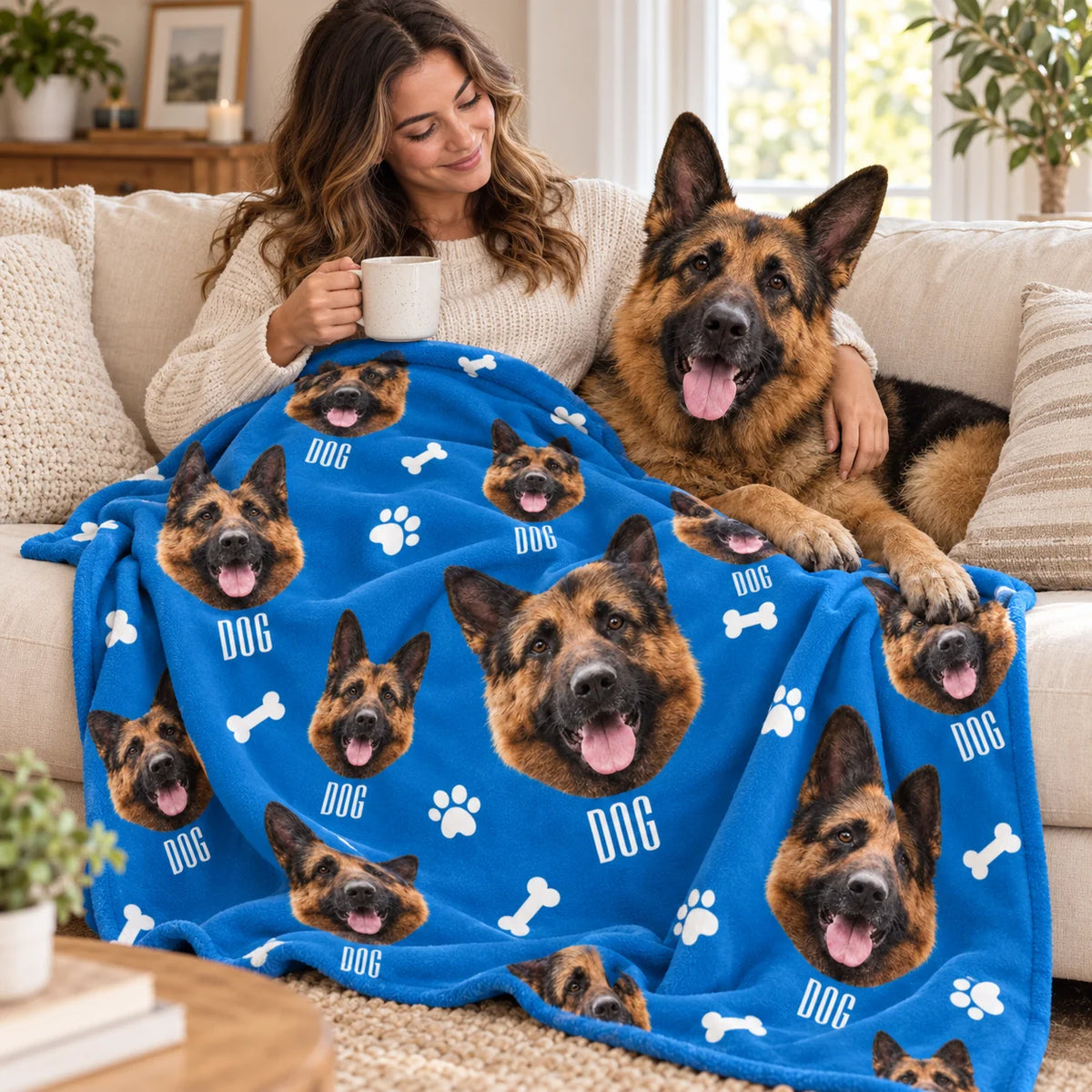 Everywhere You Look pet face repeat blanket in a living room