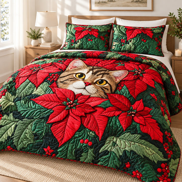 Poinsettia Tabby Cat quilt set – quilt and two matching shams on a queen bed in a bright neutral bedroom