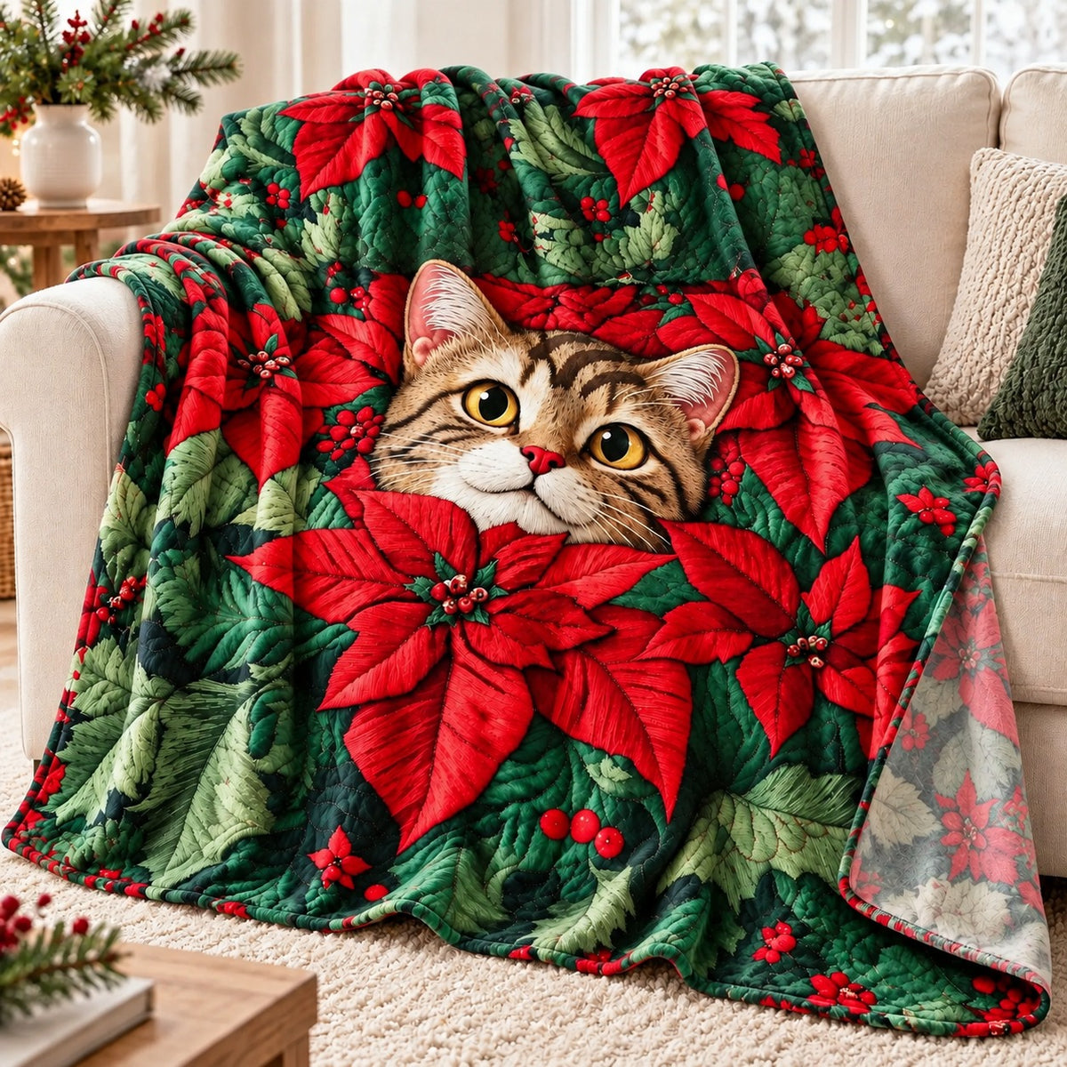 Poinsettia Tabby Cat throw blanket – lightweight printed flannel fleece draped over a cream sofa