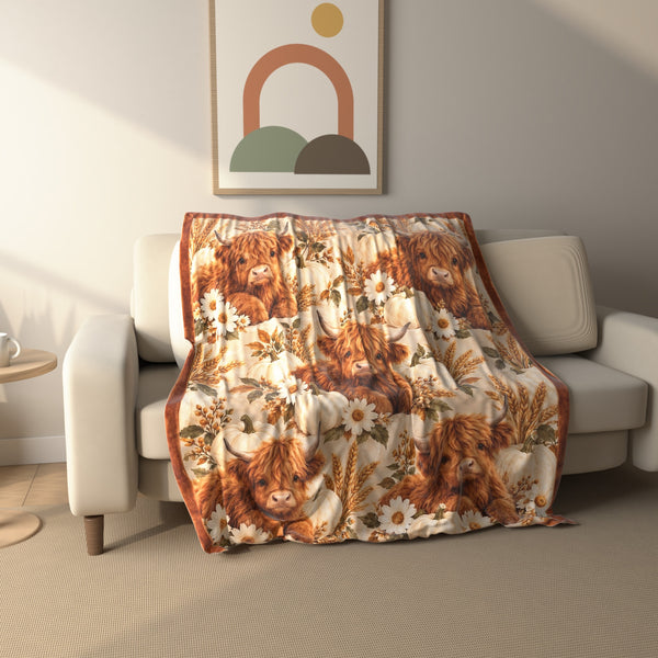Pumpkin Harvest Highland Cow fleece throw blanket draped over a sofa