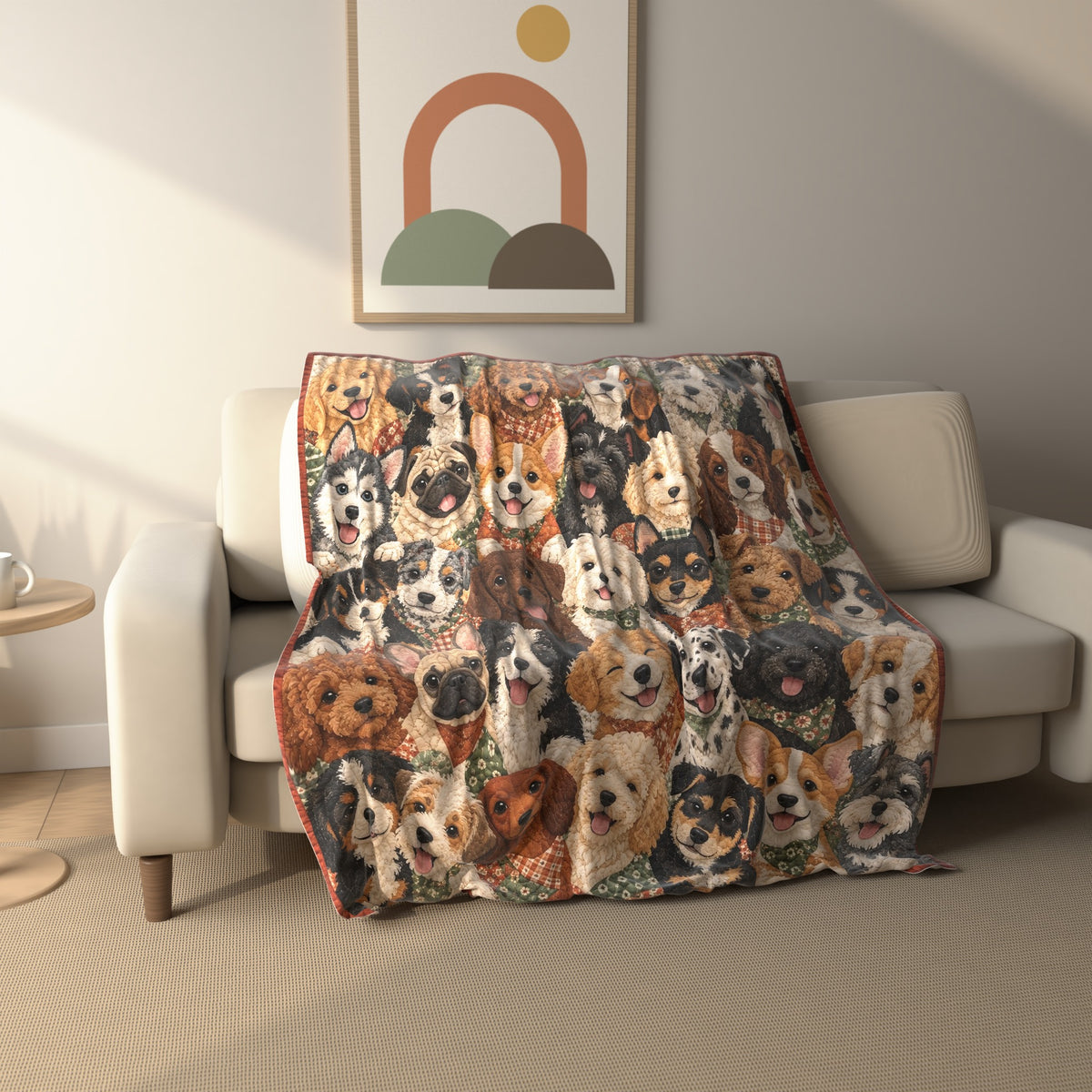 Puppy Crowd Patchwork fleece throw blanket draped over a sofa