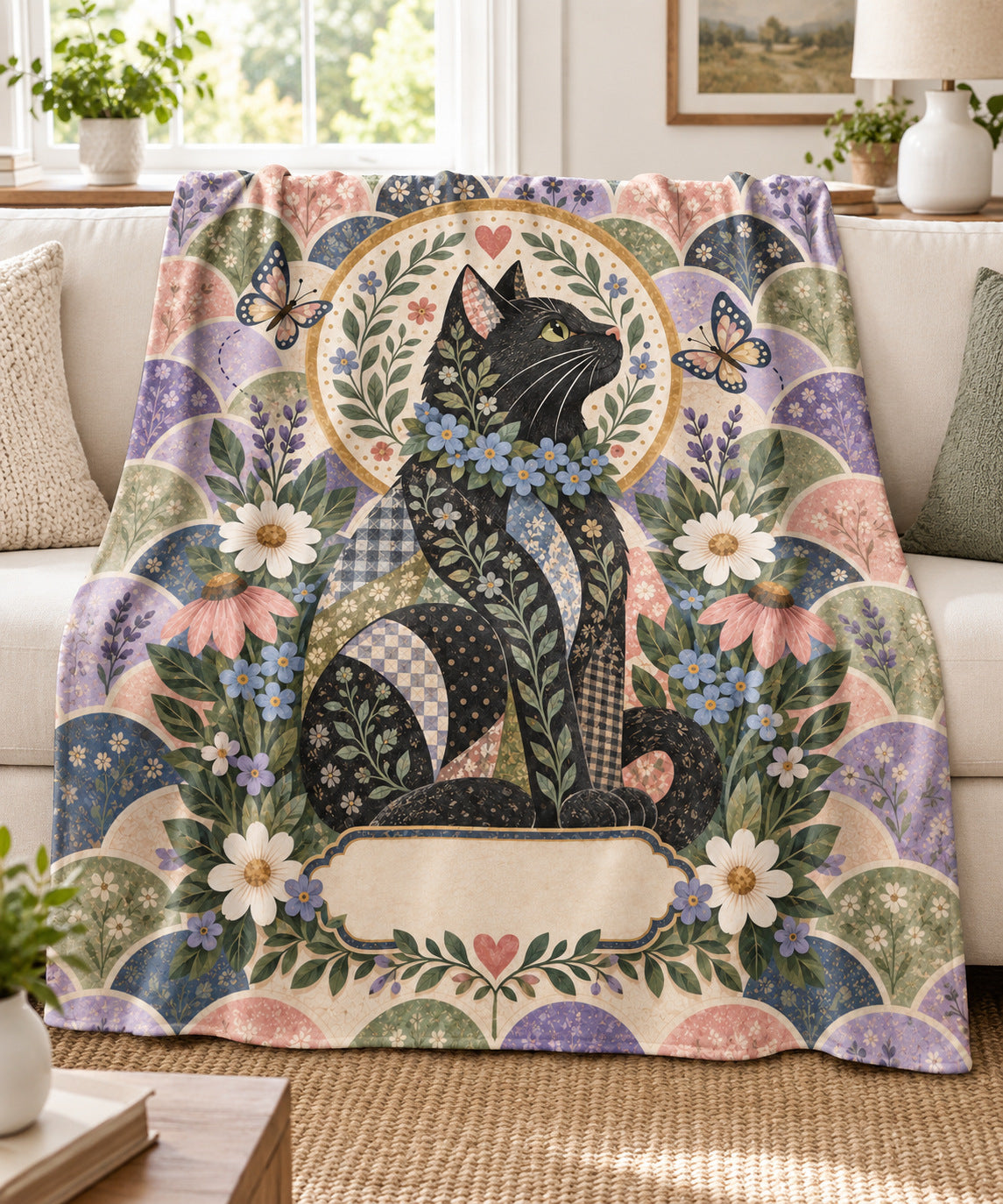 Folk-art patchwork black cat name blanket draped over a cream sofa