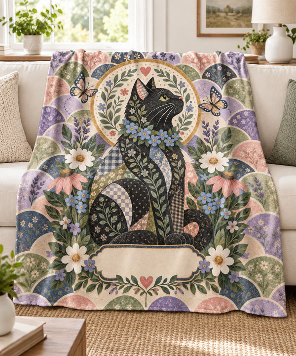 Folk-art patchwork black cat name blanket draped over a cream sofa