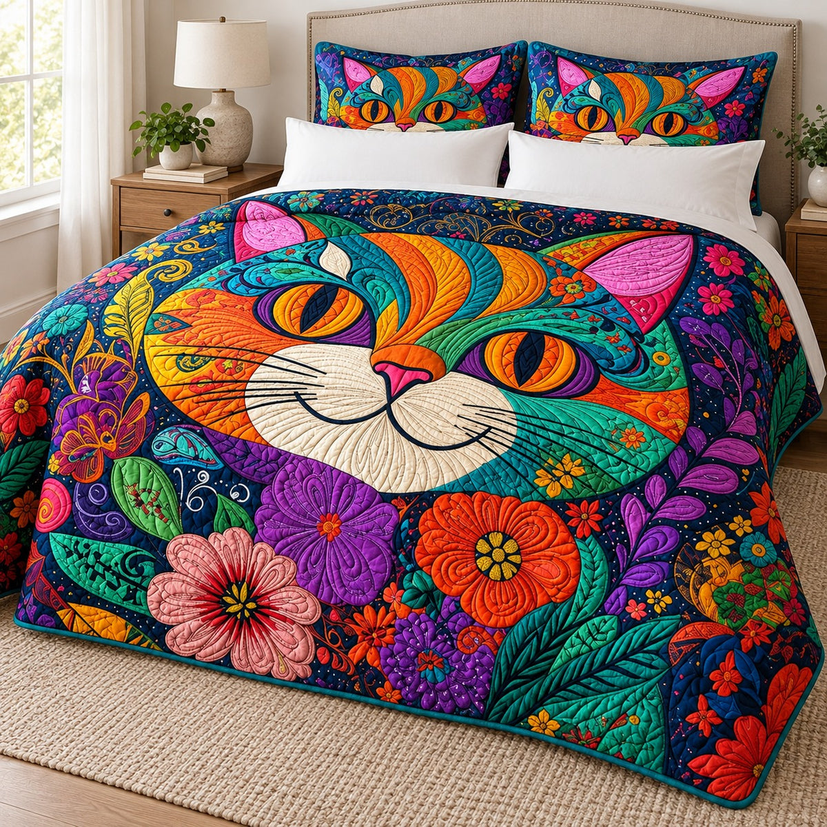 Rainbow Folk Cat Face quilt set – quilt and two matching shams on a queen bed in a bright neutral bedroom