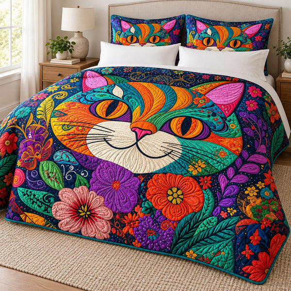 Rainbow Folk Cat Face quilt set – quilt and two matching shams on a queen bed in a bright neutral bedroom