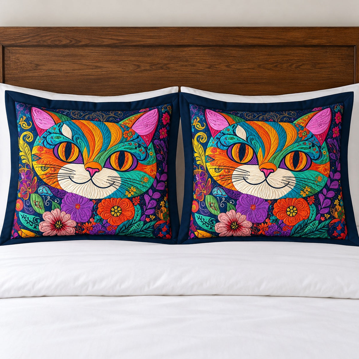 Rainbow Folk Cat Face pillow shams – set of two flanged shams against a wooden headboard