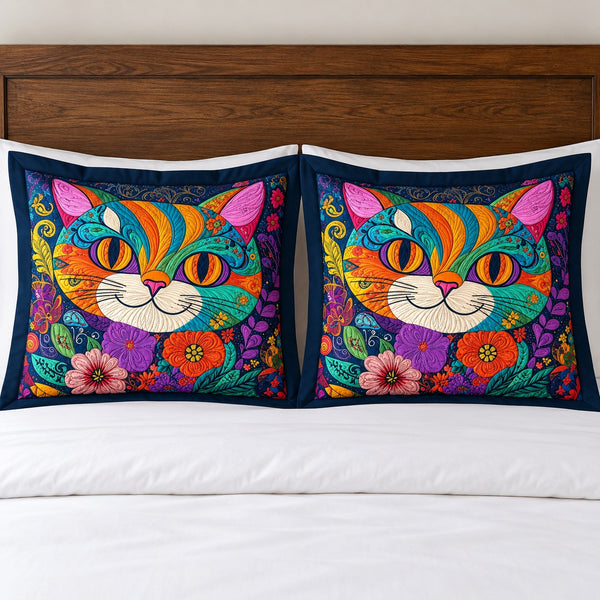 Rainbow Folk Cat Face pillow shams – set of two flanged shams against a wooden headboard