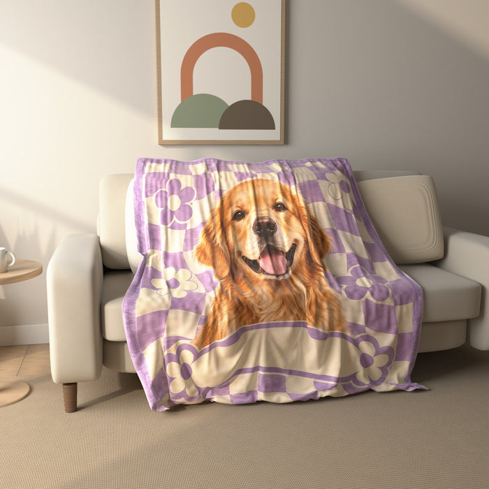Retro Checkerboard Golden Retriever fleece throw blanket draped over a sofa