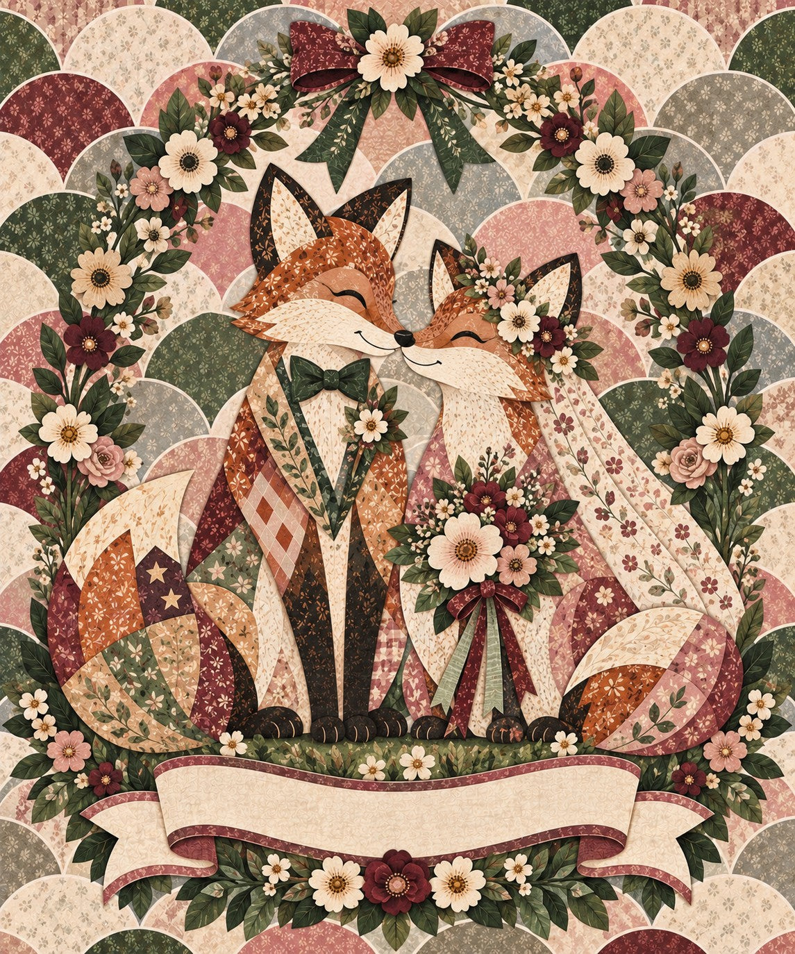 Rose Arbor Wedding Fox Couple Name Blanket artwork — a fox couple on their wedding day, bouquet and veil, inside a rose arbor on a scalloped quilt, with a blank ribbon banner for your names and date
