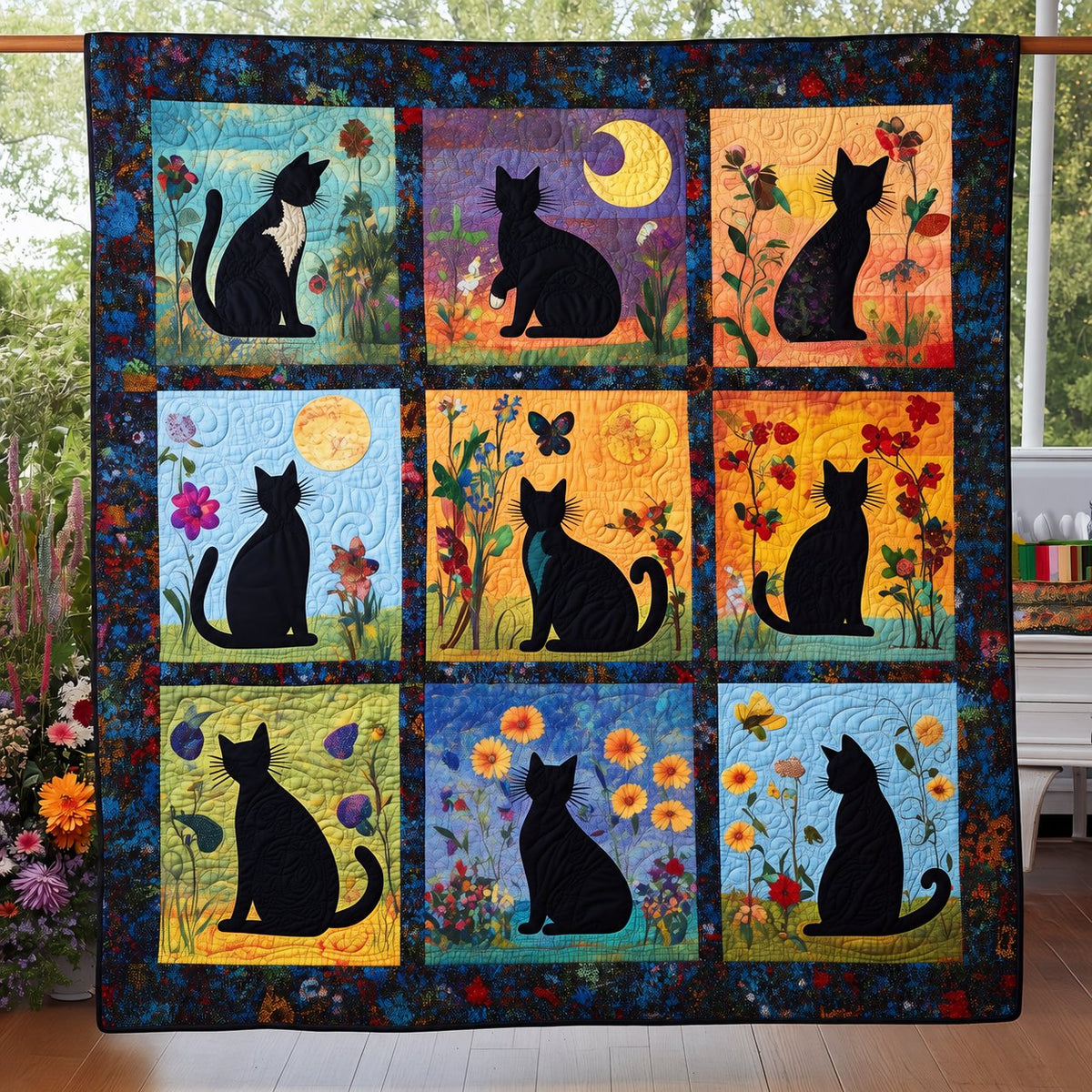 Seasons Silhouette Black Cats quilt – block quilt with nine panels of black cat silhouettes in seasonal colours