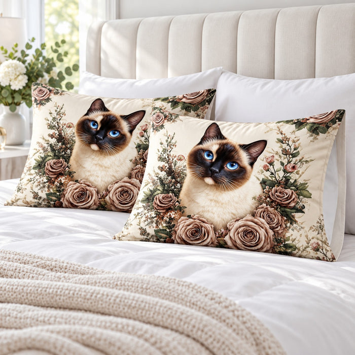 Siamese Rose Garden pillowcases – set of two printed envelope pillowcases on a white bed