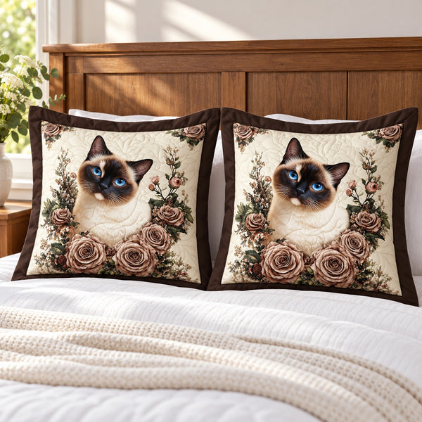 Siamese Rose Garden pillow shams – set of two flanged shams against a wooden headboard