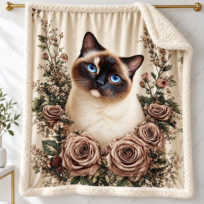 Siamese Rose Garden sherpa fleece blanket – printed flannel front with plush cream sherpa back, hanging on a gold rod