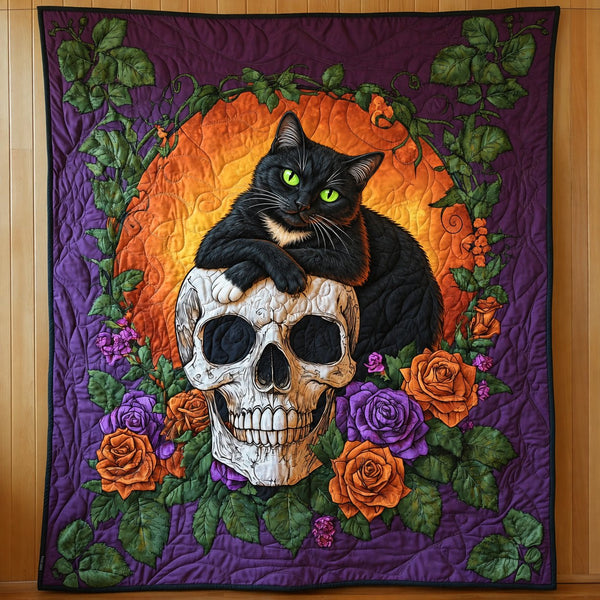 Skull & Roses Black Cat quilt – purple quilt with a black cat on a skull surrounded by orange and purple roses