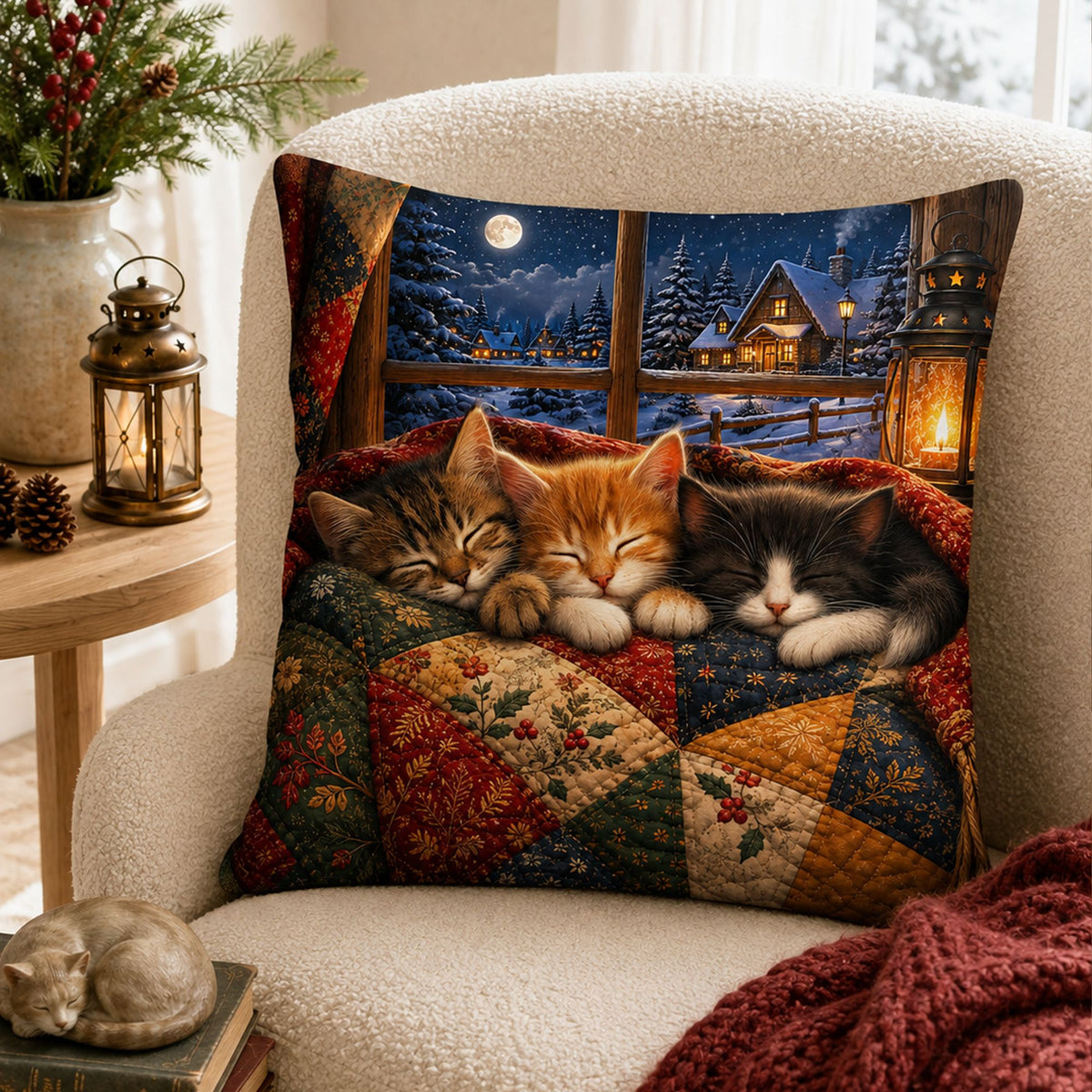 PawMoM snowy window sleeping cats cushion cover set