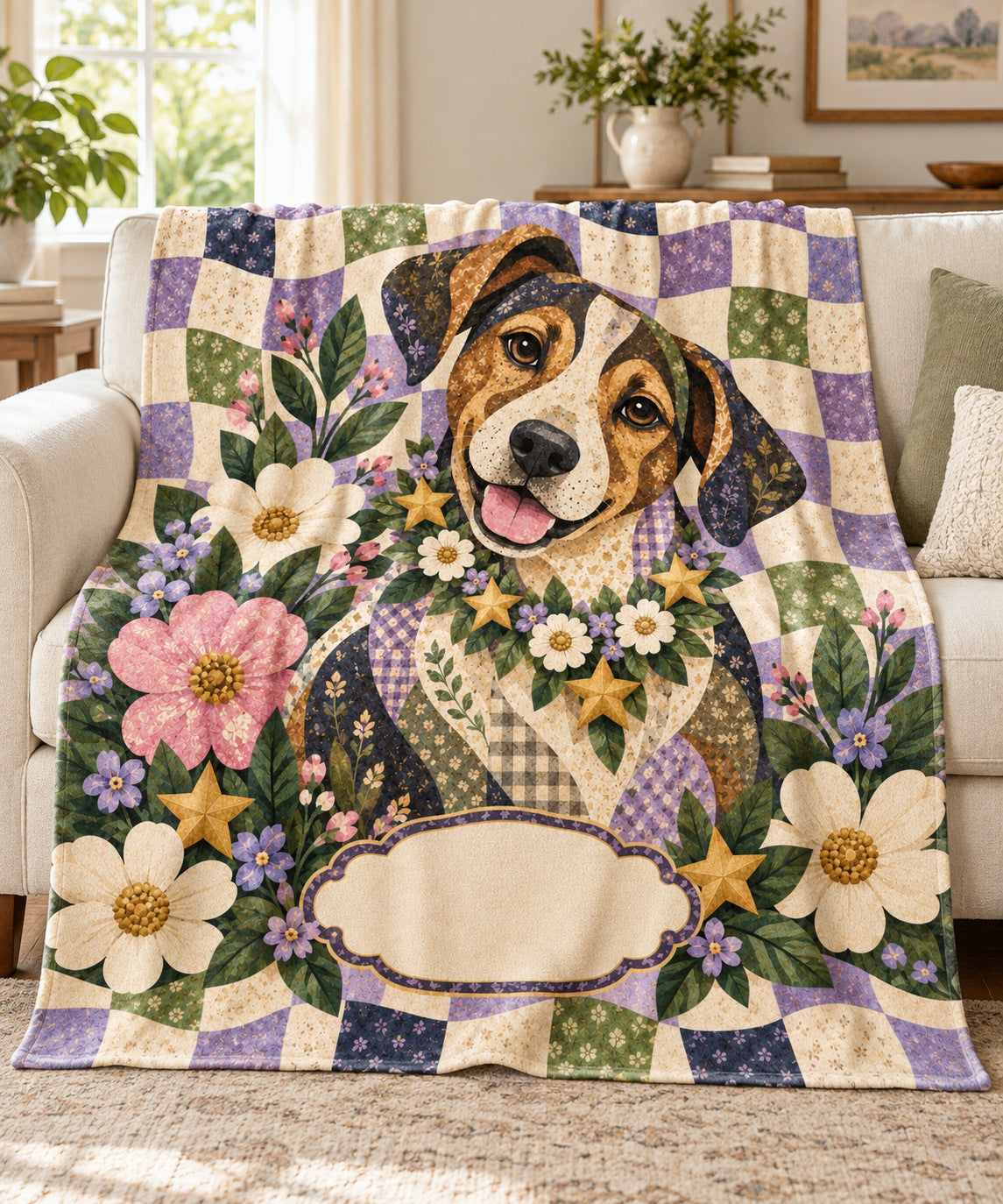Starlight quilt beagle name blanket draped over a cream sofa