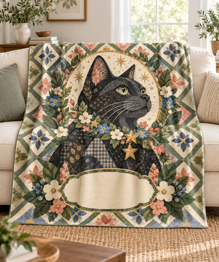 Starlight quilt black cat name blanket draped over a cream sofa